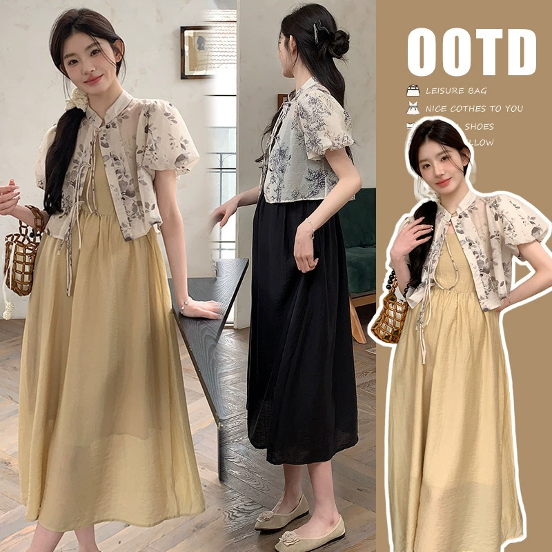 Съемка на месте ~ 2024 новый стиль одежды для беременных Новый китайский стиль нежное платье с пряжкой Летний набор из двух частей