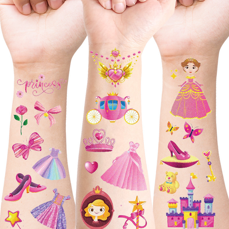 Cross Border in stock Tattoo Sticker Glitter Princess Fairy Watch Children's Cute Girl Shiny Cartoon Temporary Face Sticker