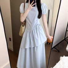 韩系温柔风蓝色泡泡袖连衣裙女夏季2025新款抽绳收腰中长款蛋糕裙