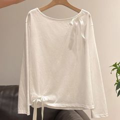 白色蝴蝶结系带斜领防晒罩衫女夏微透薄款宽松露锁骨长袖T恤上衣