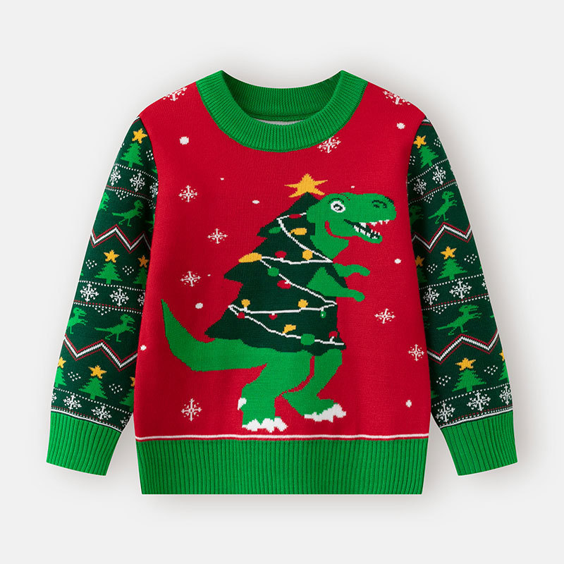 2025 New European and American Autumn and Winter Children's Christmas Sweater Boy Baby Cartoon Dinosaur Bottoming Pullover Sweater