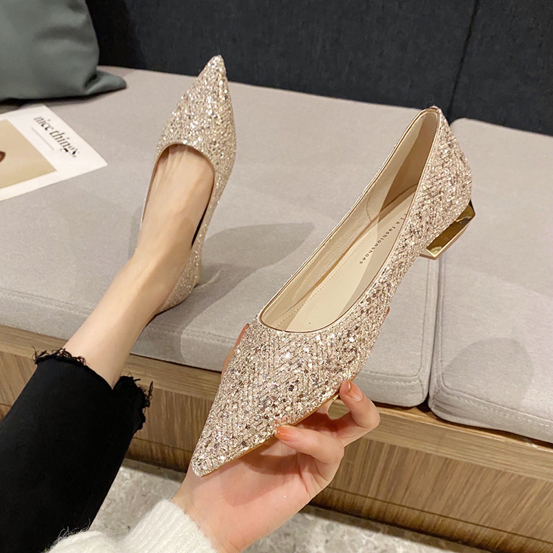 222-14 Crystal Shoes Sequined Low Heel Shoes Women's Pointed Toe Flat Bottom Socialite Silver Pregnant Bride Wedding Shoes