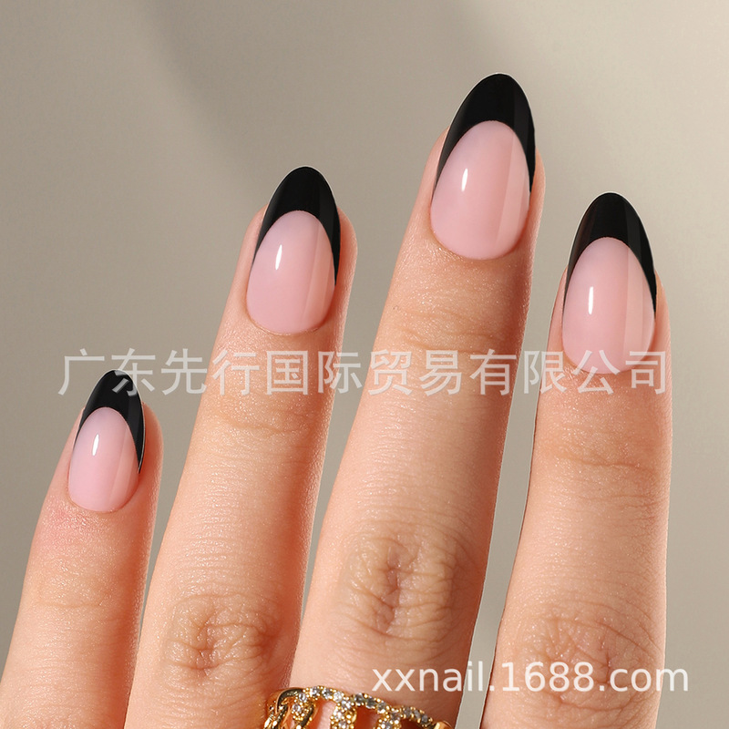 32Pcs Nails 16Size Gel Soft Nails Black French Press Fake Nails Manicure Patch Wearable Nails