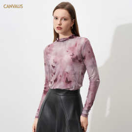 CANVAUS秋冬季半高领印花蝴蝶图案网纱打底衫女长袖薄款透视上衣