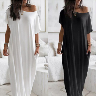 2023 Amazon AliExpress Europe and the United States summer new women's solid color short sleeve long casual dress
