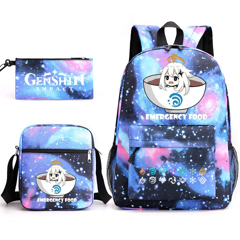 Backpack set (Genshin) 3‑piece — backpack, one‑shoulder bag, pencil case, assorted colors