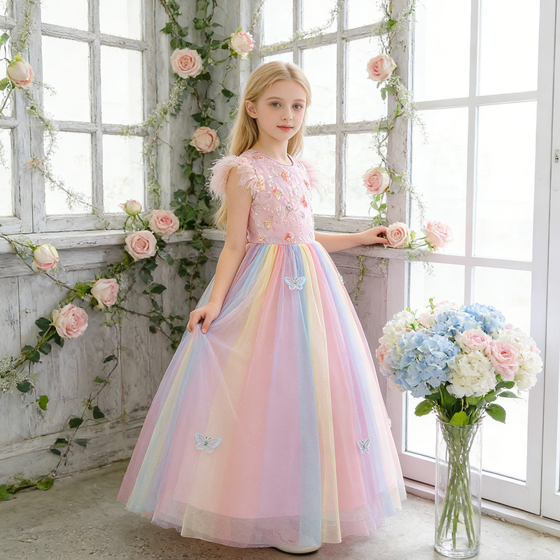 Children's Long Wedding Dress, Colorful Mesh Puffy Princess Dress, Bow-Knot Sequined Children's Dress, Performance Costume for Older Children Children's Long Wedding Dress, Colorful Mesh Puffy Princess Dress, Bow-Knot Sequined Children's Dress, Performance Costume for Older Children