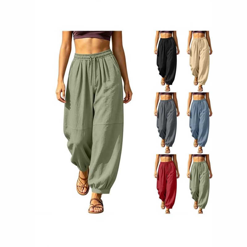 Cross-border Amazon linen jogger pants with drawstring, loose tapered leg opening, bohemian style summer beach pants Cross-border Amazon linen jogger pants with drawstring, loose tapered leg opening, bohemian style summer beach pants