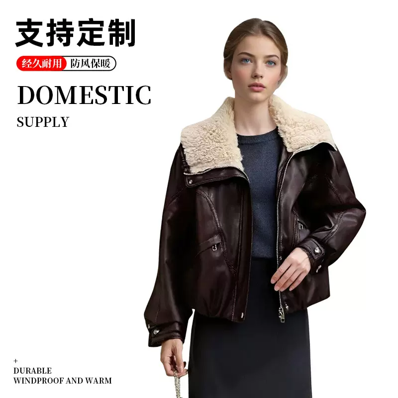 支持跨境皮衣外套女式短款上衣秋冬新款宽松百搭保暖皮夹克外套