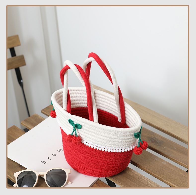 cotton rope Material Color Block, Fruit Pattern All Seasons Season Women's Cotton Rope Color Block Fruit Vacation Beach Streetwear Weave Bucket Open Tote Bag Straw Bag