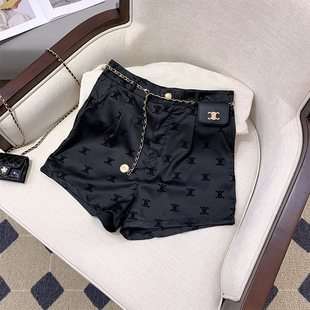 Flocked Printed Ice Silk Black Shorts Women's Summer Thin High-Waisted Loose Slimming Acetate Suit Wide-Leg Pants