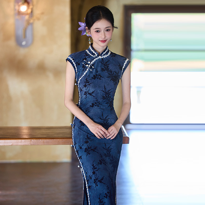 蓝色无袖国风中式长款旗袍改良年轻款2025新款女复古修身弹力收腰|undefined