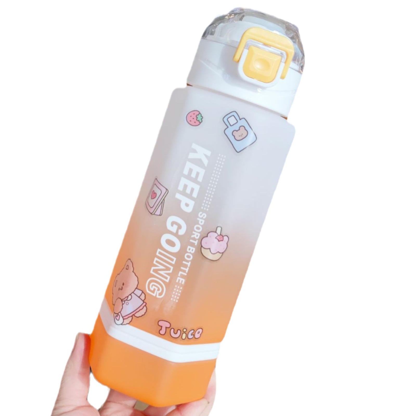 Gradiente de dos colores helado hexagonal creativo taza de agua de plástico mango portátil bebida directa botella de agua oblicua con pegatinas de compartimiento de té