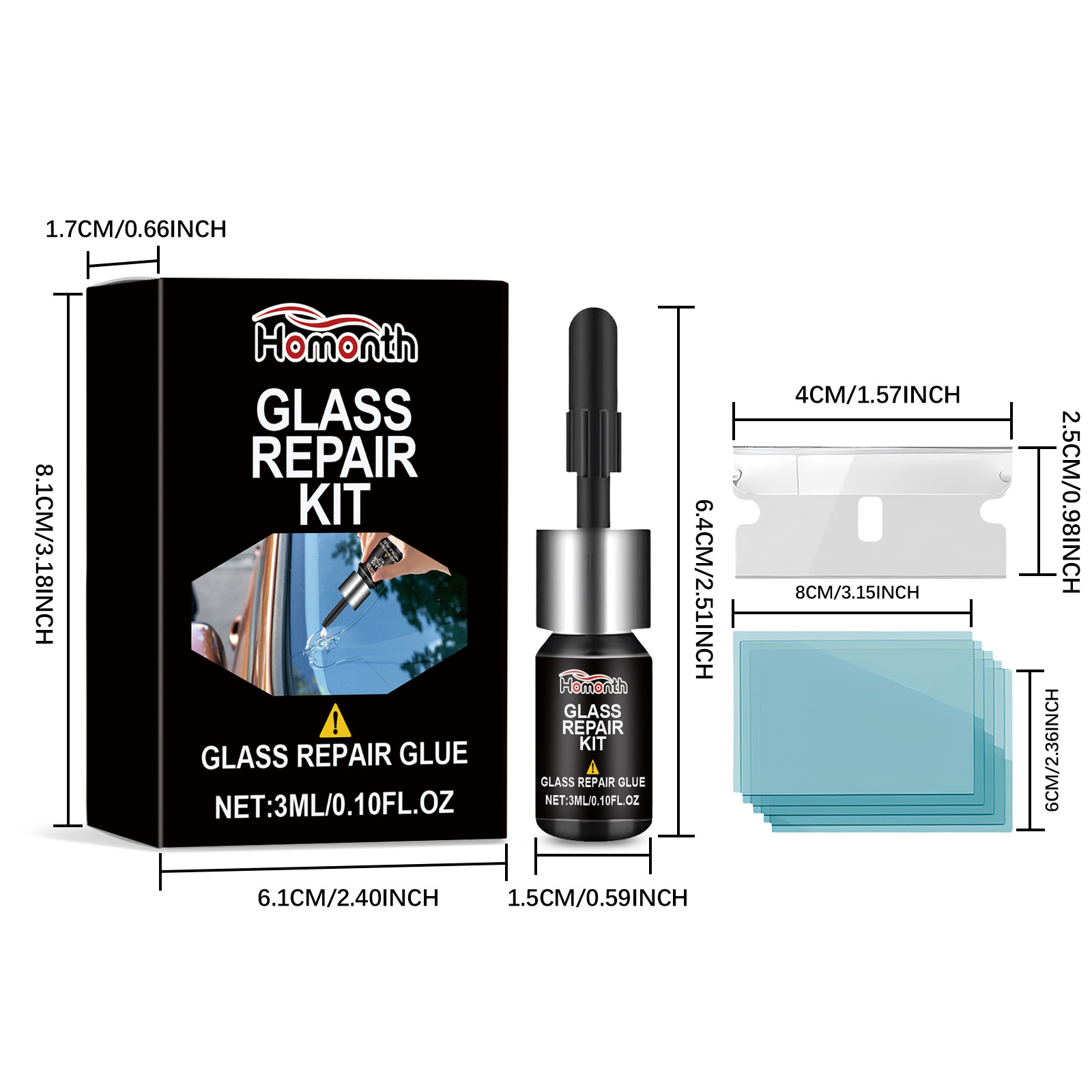 Homonth Glass Repair Kit Car Windshield Crack Scratch Clear Vision Portable Adhesive