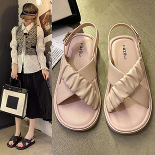 Internet Celebrity Sandals for Women 2023 Summer New Pure Color Cross Strap Flats Sandals Fashionable and Sweet Student Sandals for Outer Wear