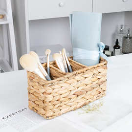 跨境手工编织新品水葫芦草收纳筐厨房刀叉勺子收纳桌面化妆品分隔
