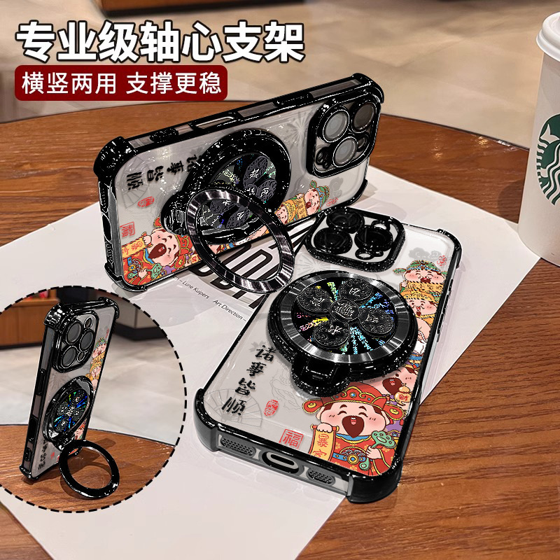 Apple 16 透明携帯電話ケース 13pro 電気メッキ落下防止 15 ジャイロ スタンド 14 に適した富の神|undefined