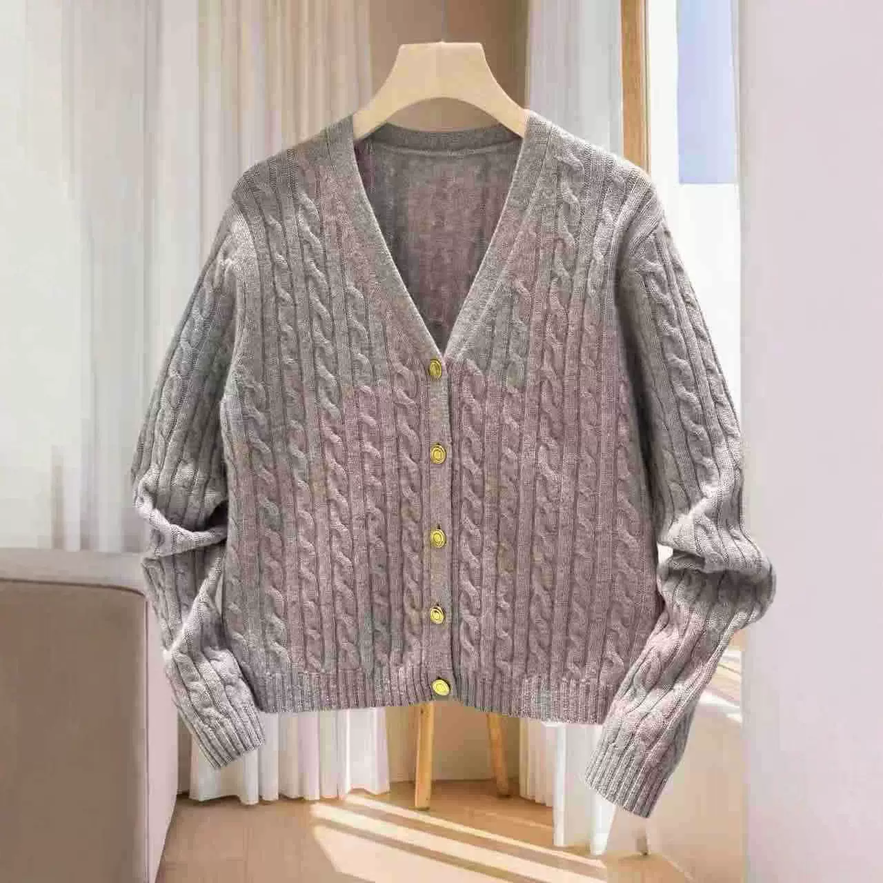 LP女装毛衣绞花针织长袖棉混纺羊绒开衫25秋冬新款 法式毛衣外套