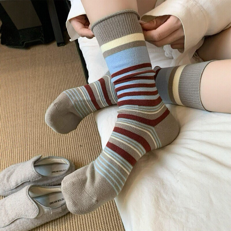 春秋新款撞色条纹堆堆袜女日系学院风约百搭中筒袜简森系复古棉袜|undefined