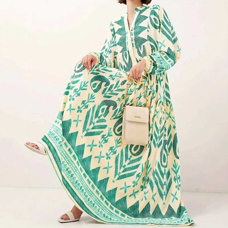 2026 Cross-Border Women's Green Short-Sleeve Elegant and Graceful Dress, Soft and Comfortable Printed Long Gown with High-End Elegance 2026 Cross-Border Women's Green Short-Sleeve Elegant and Graceful Dress, Soft and Comfortable Printed Long Gown with High-End Elegance