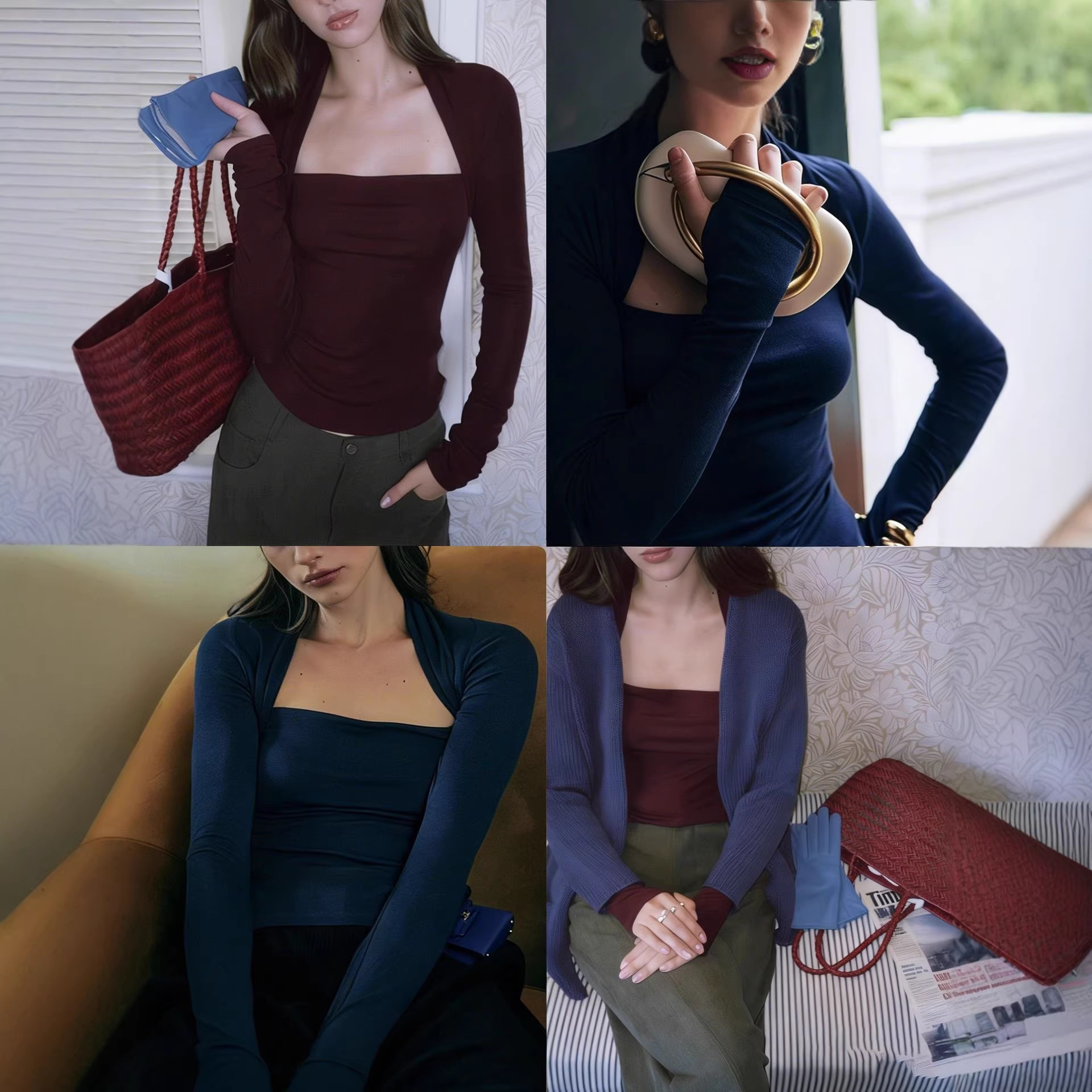 In-Stock Tencel Wool Shawl Faux Two-Piece Set with a High-End Feel, Niche Design Top for Women, Slim-Fit Waist-Cinching Long-Sleeve