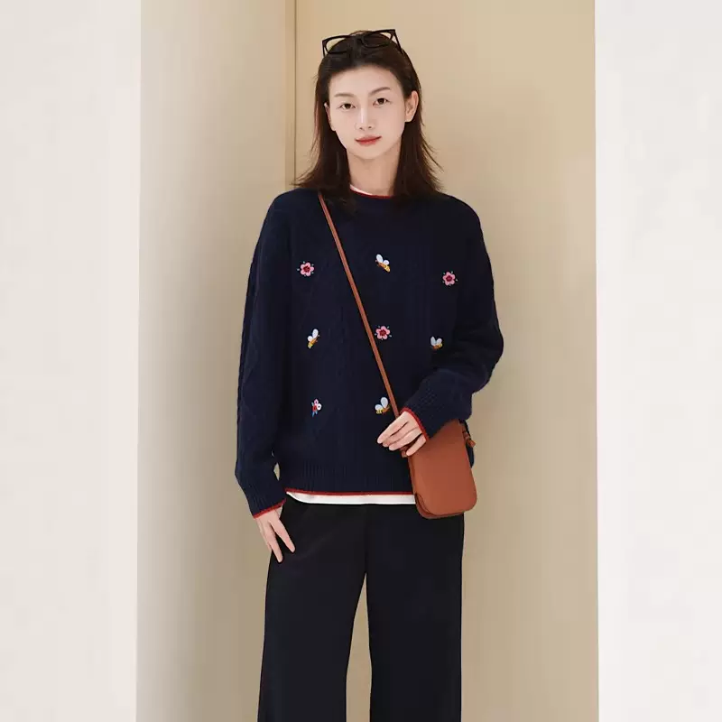 女装2026春季新款羊毛羊绒混纺圆领套头针织衫新年氛围感宽松毛衣