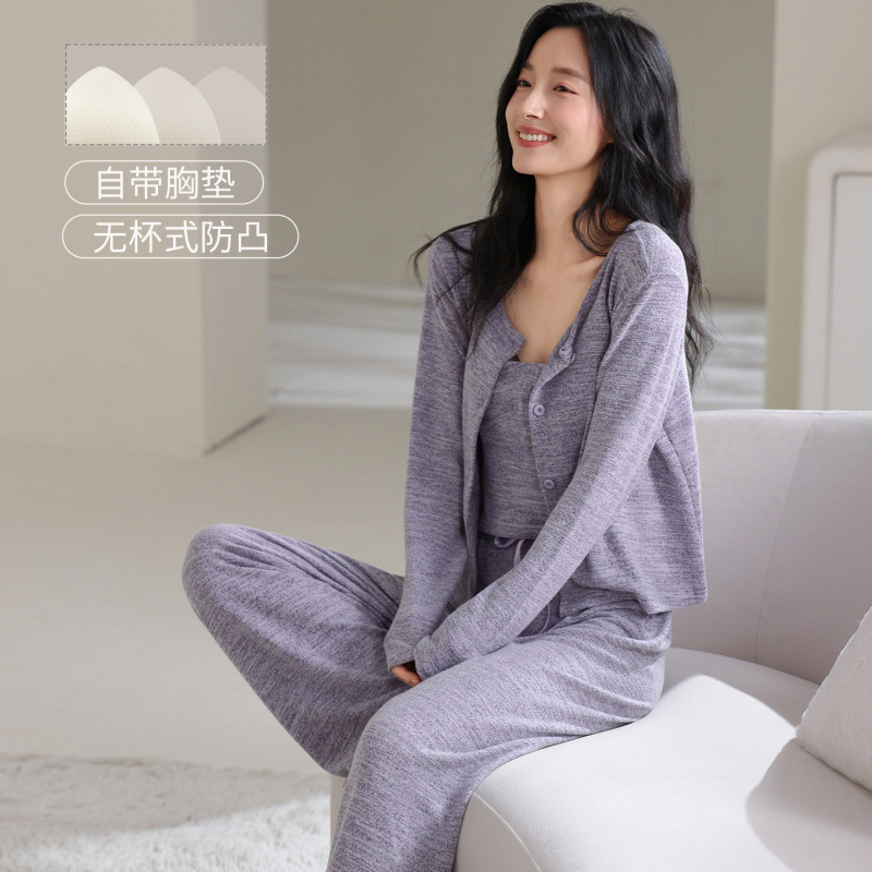 Plaid Pajamas for Women, Spring & Fall Cashmere with Chest Pads, Casual Sexy Suspenders Three-Piece Set, High-End Women's Home Wear, Winter