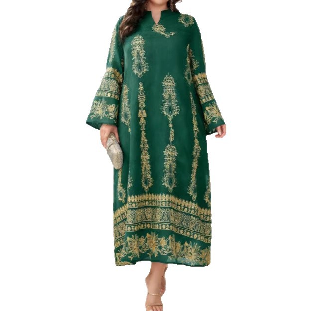 Exclusive Cross-border Supply Of Middle Eastern Embroidered Robes, Plus-size Women's Green V-neck Bell-sleeve Loose_ecoleips.com
