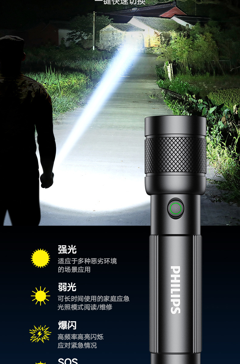 Philips Sfl2247 Flashlight, Strong Light, Rechargeable, Small, Convenient, Outdoor, Long-Lasting, Mini, Durable for Home Use
