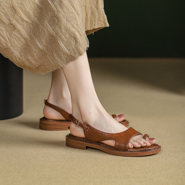 Sandal nữ xỏ ngón đế bệt da thật phong cách La Mã hở mũi quai hậu — Màu nâu, Màu đen, Màu trắng be chi tiết 24