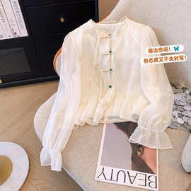 中国风女装国风盘扣衬衫女春装设计感重工刺绣小衫白色雪纺上衣服