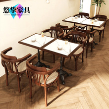 复古咖啡厅做旧实木餐桌甜品店烘焙店椅子美式西餐厅桌椅组合商用