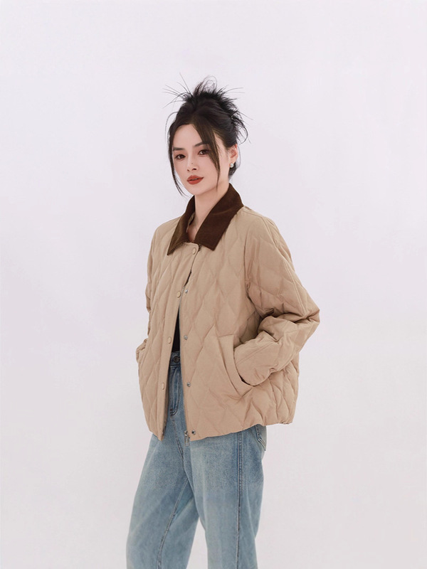 高级感轻薄羽绒服女2025冬季新款小个子休闲气质翻领短款菱格外套|undefined