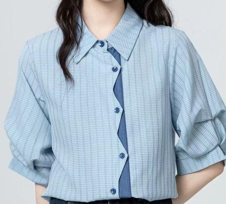 Scissor Blue Striped Short-Sleeve Shirt for Women, Summer 2026 New Style, Irregular Patchwork Polo Collar Shirt