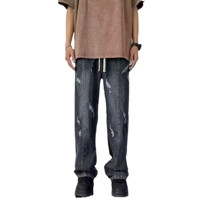 Tide, summer jeans, casual trousers, loose straight fit, elastic waist