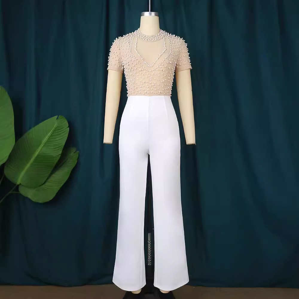 Women's Clothing Round Neck Short Sleeve Beaded Jumpsuit Casual Style High Waist Slim Party Dress Jumpsui_voghion.com