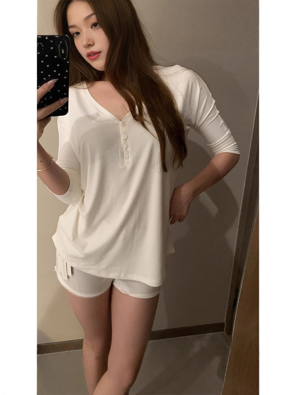 デザインピュアホワイト春夏新作レトロレイジースタイルルーズスリムTシャツ日焼け止めシャツインファッショントップ|undefined
