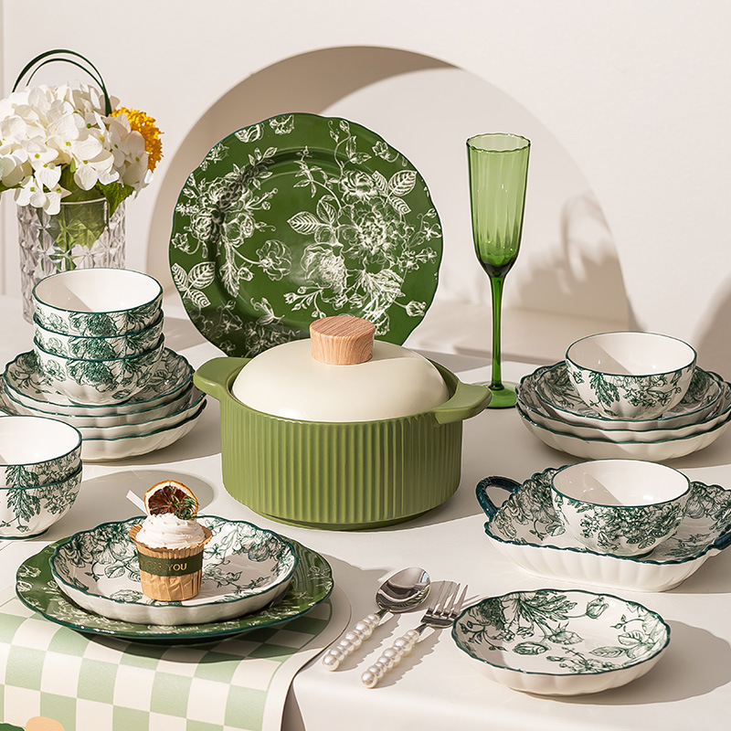 Factory Direct Sales Ceramic Tableware Complete Set of High-End Green Bowls, Plates and Chopsticks Underglaze Color Dishes Set Household Secret Wholesale Factory Direct Sales Ceramic Tableware Complete Set of High-End Green Bowls, Plates and Chopsticks Underglaze Color Dishes Set Household Secret Wholesale