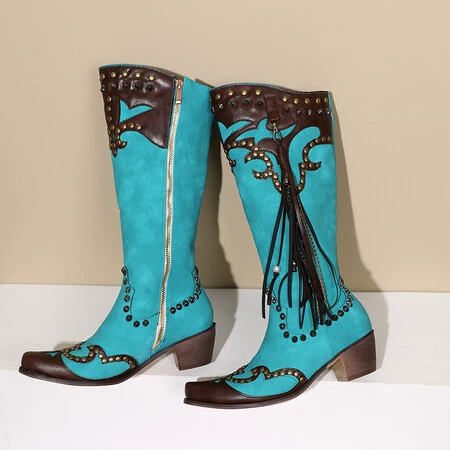Европейские и американские горячие женские сапоги на толстом каблуке вышитые сапоги с кисточками