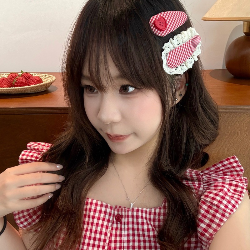 红色系格纹圆点蕾丝花边掰掰夹少女时尚百搭碎发夹甜美刘海夹发饰|undefined