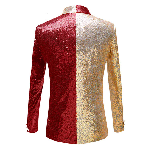 Men's red gold black sequined patchwork singer host stage performance blazers lapel collar jazz dance sequin matching dress suit nightclub DJ party dance jacket