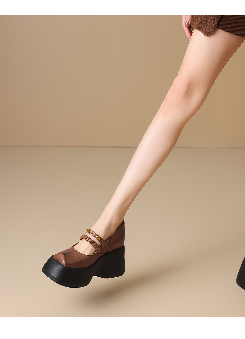 Giày Lolita platform đế xuồng 10 cm phong cách Anh Quốc cổ điển — màu nâu chi tiết 6