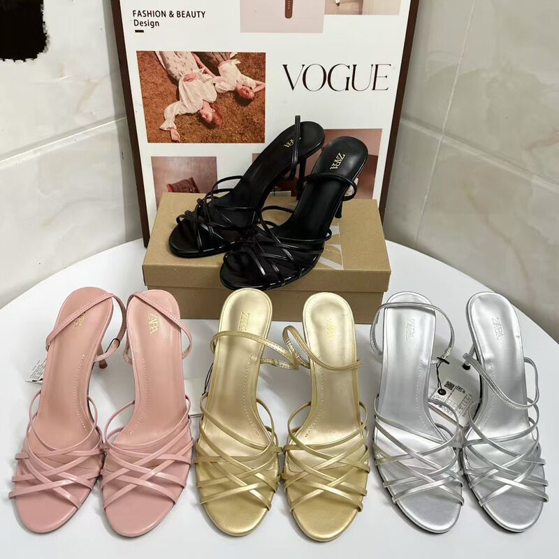 Za Summer 2025 New Thin Strap Leather High Heels Women's Braided Strap Decorated Stiletto Sandals Women's Fashion Versatile Style Za Summer 2025 New Thin Strap Leather High Heels Women's Braided Strap Decorated Stiletto Sandals Women's Fashion Versatile Style