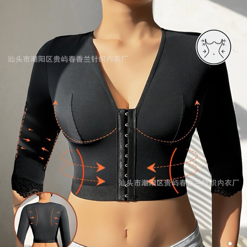 Cross-border European and American Yoga Front Buckle Sports Outer Wear Body Shaping Style Push-up Lace Lace Seven-point Sleeve Top New Product