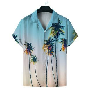 2024 Cross-Border New Cuban Collar Summer Men's Short-Sleeved Printed Shirt Hawaiian Casual Shirt T-Shirt