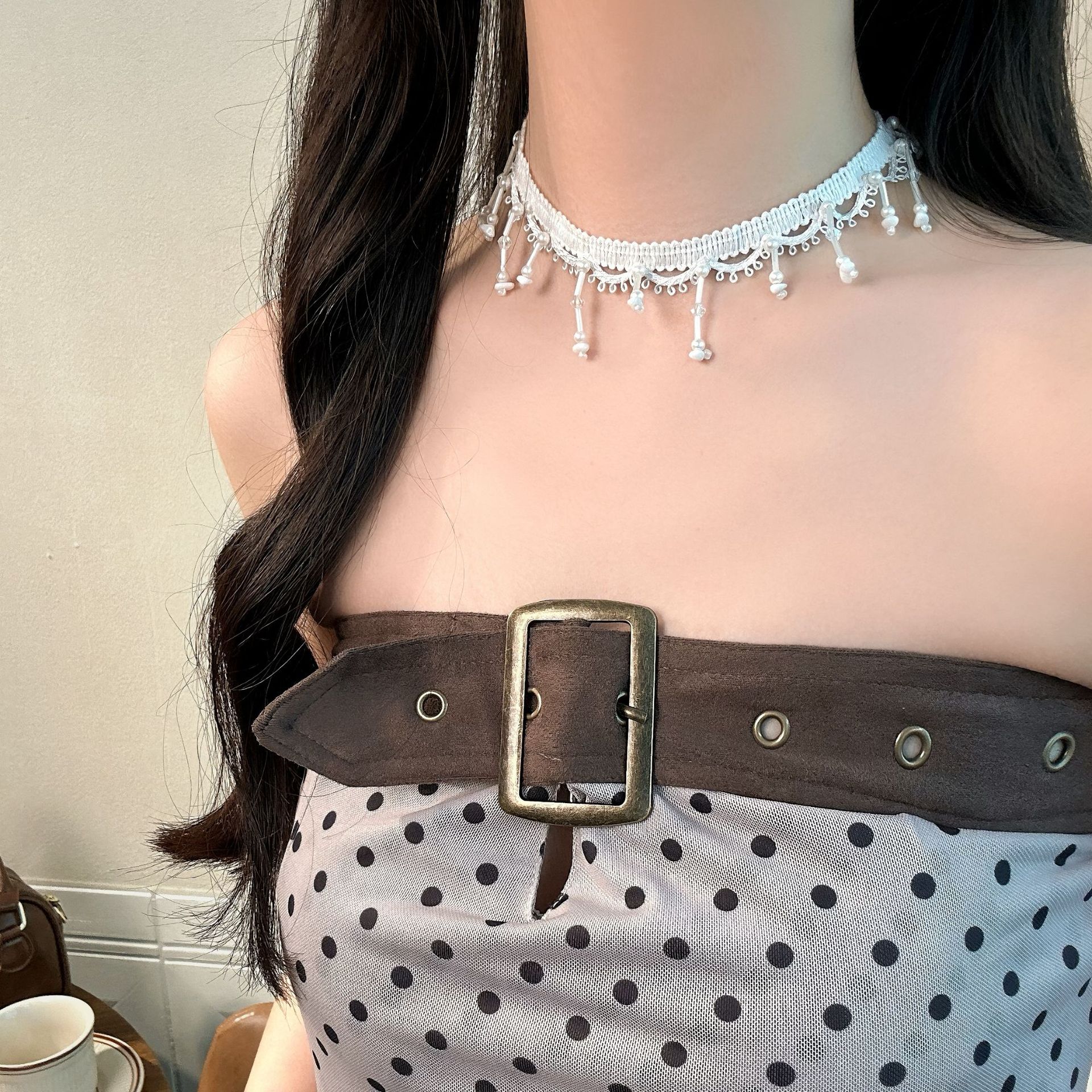 Collana girocollo originale in pizzo bianco e perle in stile francese, multi-stile, per donna, dolce e femminile, con un tocco Lolita._voghion.com