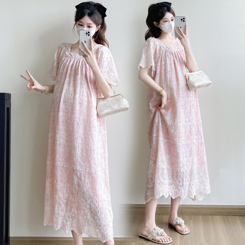 2025 Summer New Pregnant Women's Dress French Loose Slim Look Super Good-looking Embroidered Pregnant Women's Dress