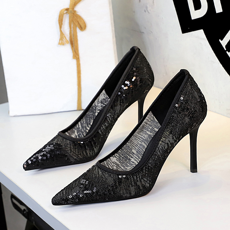 1963-5 European And American Style Fashionable Elegant High Heel Women's Pointed Toe Shallow Mouth Sequin Lace Mesh_vogvips.com