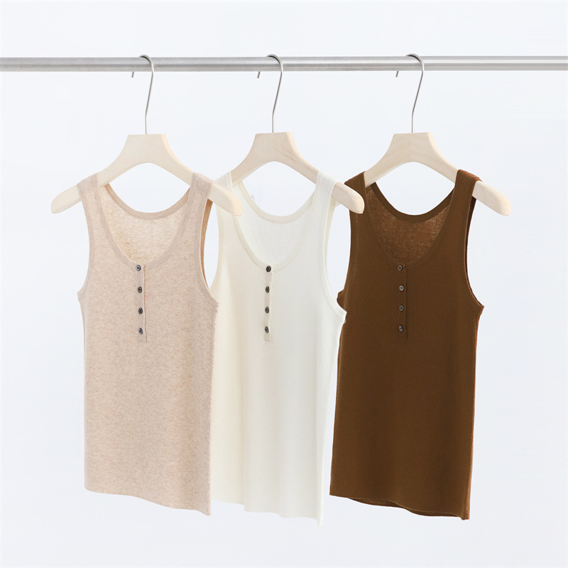Ultra-Fine Wool 16-Gauge Buttoned U-Neck Knitted Vest Sleeveless Top Base Layer Women's Autumn and Winter Commuting Wear 8636