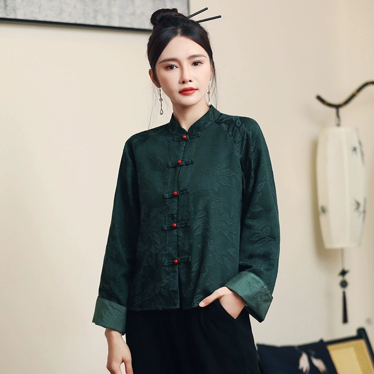 9662 Хлопковый тяжелый жаккардовый китайский дзен чайный костюм Тан Топ весенне-осеннее утреннее платье ханьфу с длинными рукавами в китайском стиле